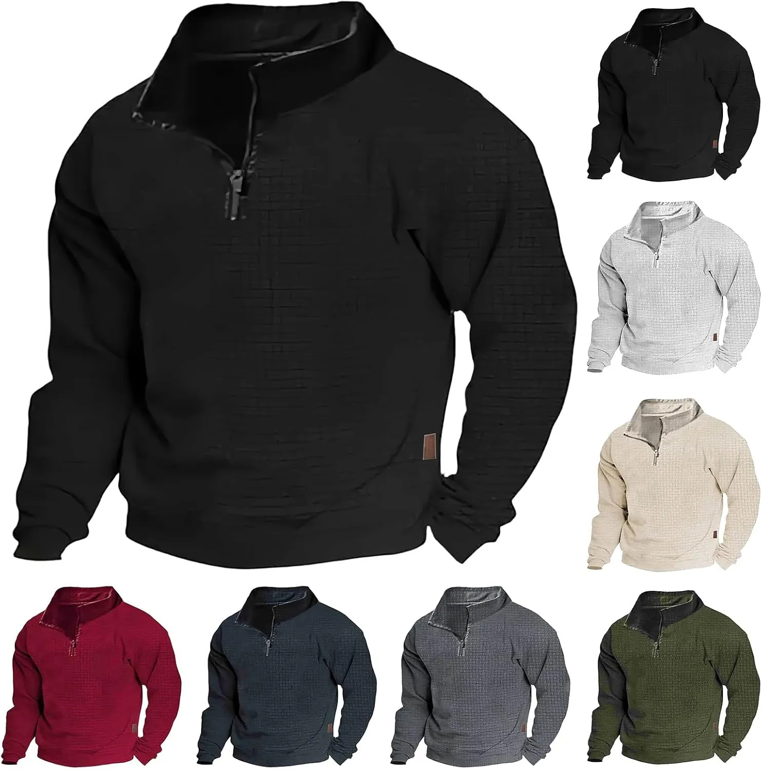 Vintage Quarter Zip Sweatshirt for Men Casual Long Sleeve Waffle Pullover Sweatshirts Mock Neck Sweaters Hoodies