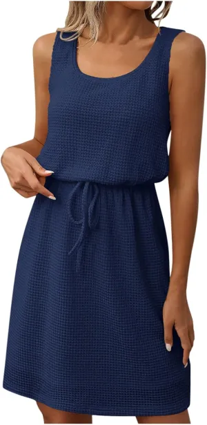 Women Summer Midi Dresses Drawstring Tie Up Elastic Hollow Out Eyelet Slim Elegant Vacation Shift Tank Dress