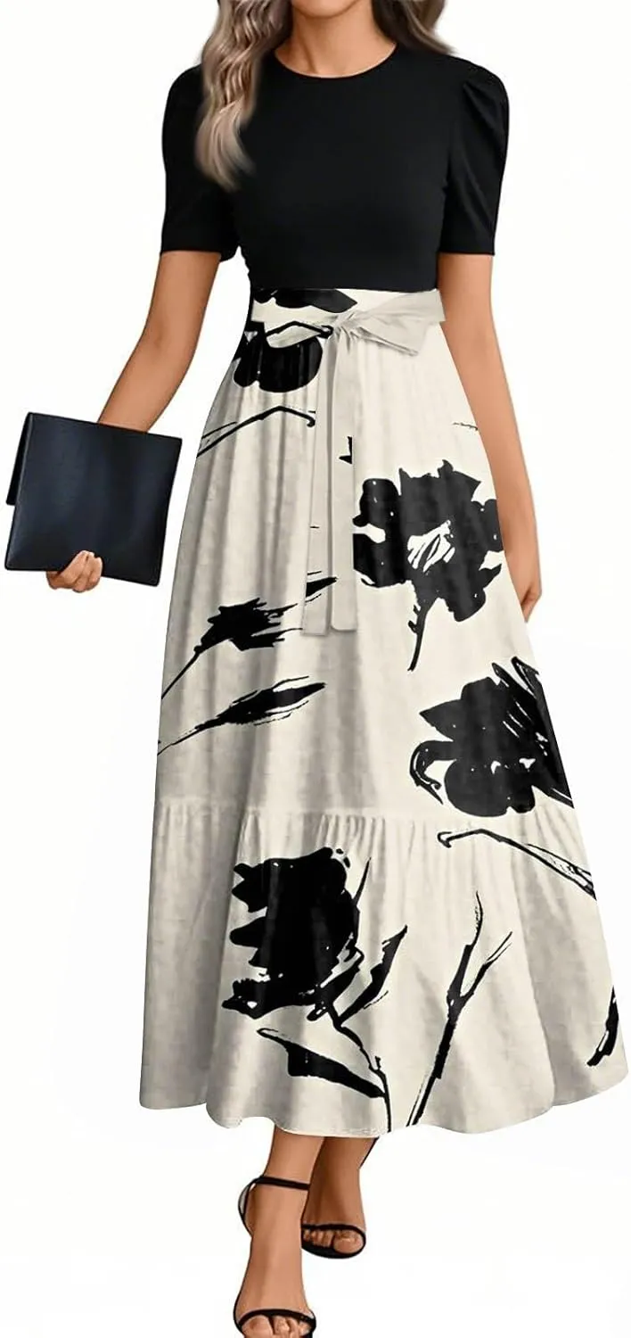 Women's 2025 Summer Floral Midi Dress Cap Sleeve V Neck Ruffle Long Flowy Boho Casual Beach Vacation Dresses