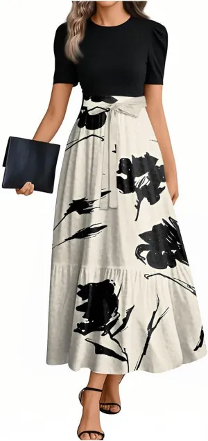 Women's 2025 Summer Floral Midi Dress Cap Sleeve V Neck Ruffle Long Flowy Boho Casual Beach Vacation Dresses