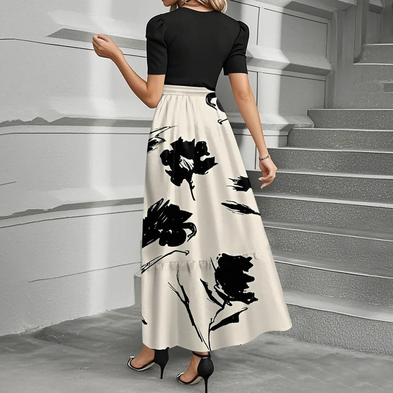 Women's 2025 Summer Floral Midi Dress Cap Sleeve V Neck Ruffle Long Flowy Boho Casual Beach Vacation Dresses