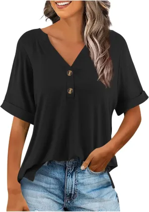 Women's Baggy Tops Summer Trendy 2025 Dressy Casual Bloues Loose Fit Half Sleeve V Neck Tshirts Drapey Shirts