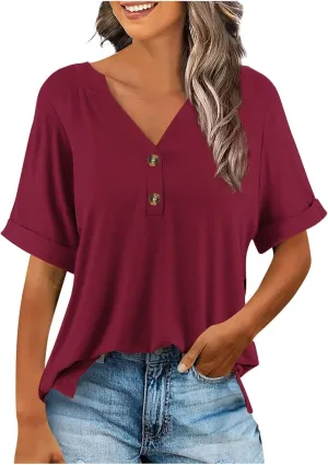 Women's Baggy Tops Summer Trendy 2025 Dressy Casual Bloues Loose Fit Half Sleeve V Neck Tshirts Drapey Shirts