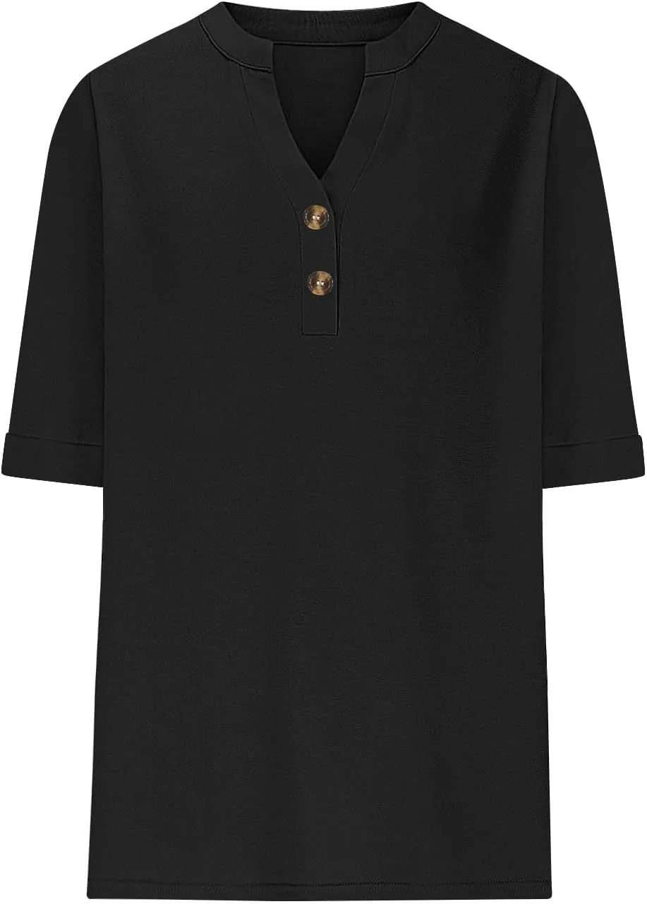 Women's Baggy Tops Summer Trendy 2025 Dressy Casual Bloues Loose Fit Half Sleeve V Neck Tshirts Drapey Shirts