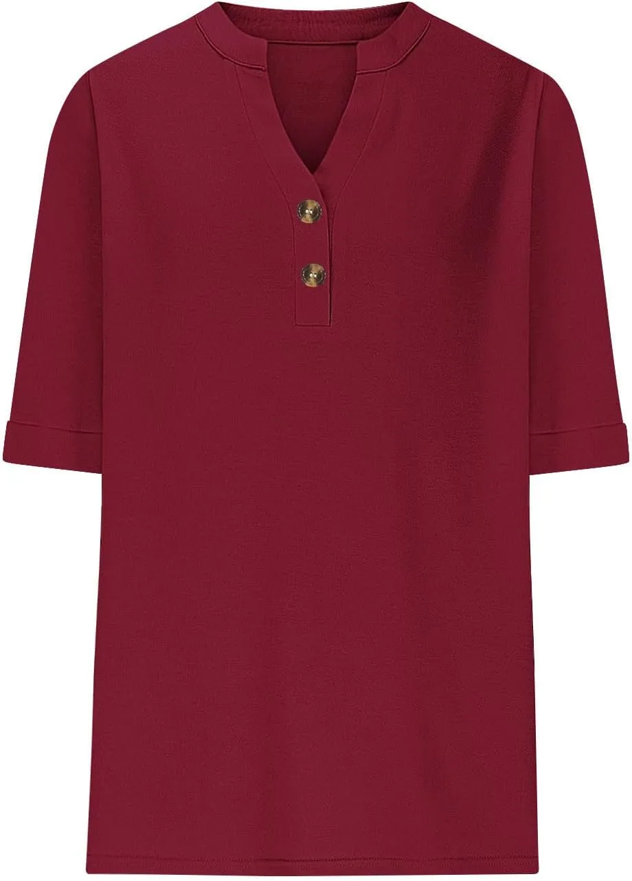 Women's Baggy Tops Summer Trendy 2025 Dressy Casual Bloues Loose Fit Half Sleeve V Neck Tshirts Drapey Shirts