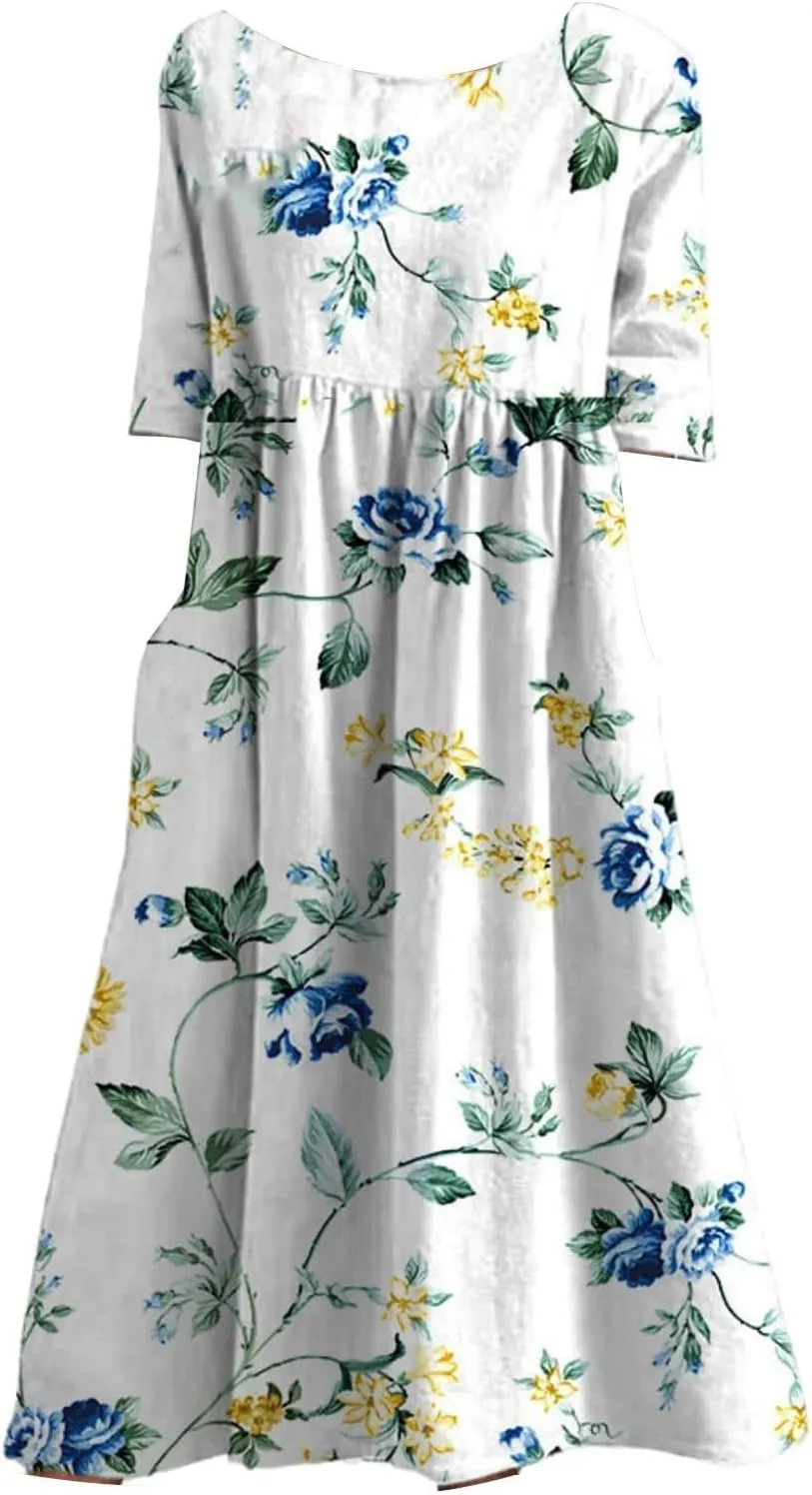 Women's Boho Dress Floral Flowy A Line Swing Casual Long Dress 3/4 Puff Sleeve Midi Loose Summer Beach Dresses with Pockets