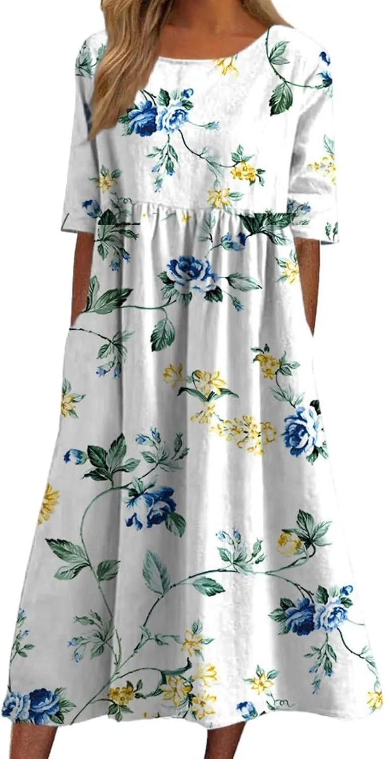 Women's Boho Dress Floral Flowy A Line Swing Casual Long Dress 3/4 Puff Sleeve Midi Loose Summer Beach Dresses with Pockets