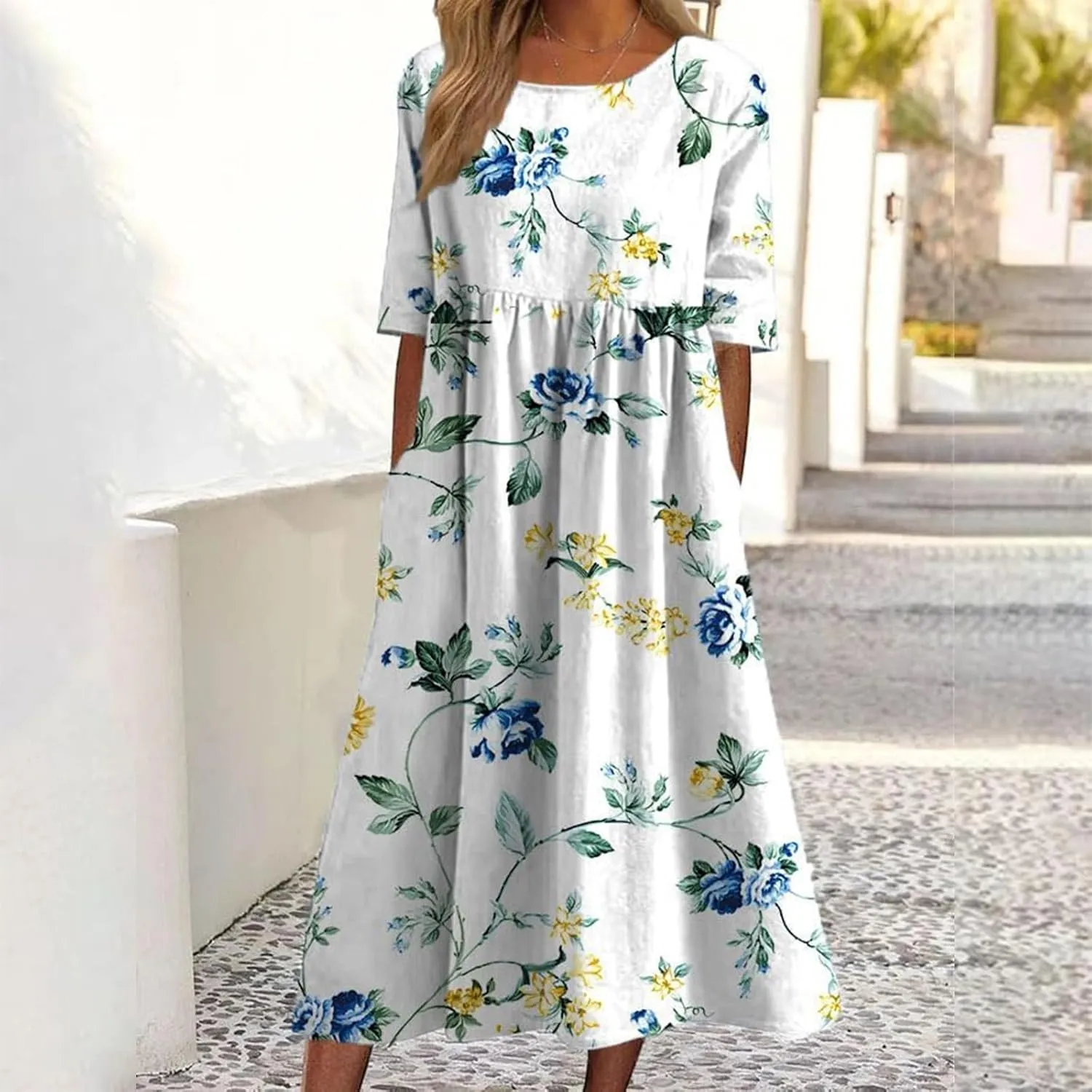 Women's Boho Dress Floral Flowy A Line Swing Casual Long Dress 3/4 Puff Sleeve Midi Loose Summer Beach Dresses with Pockets