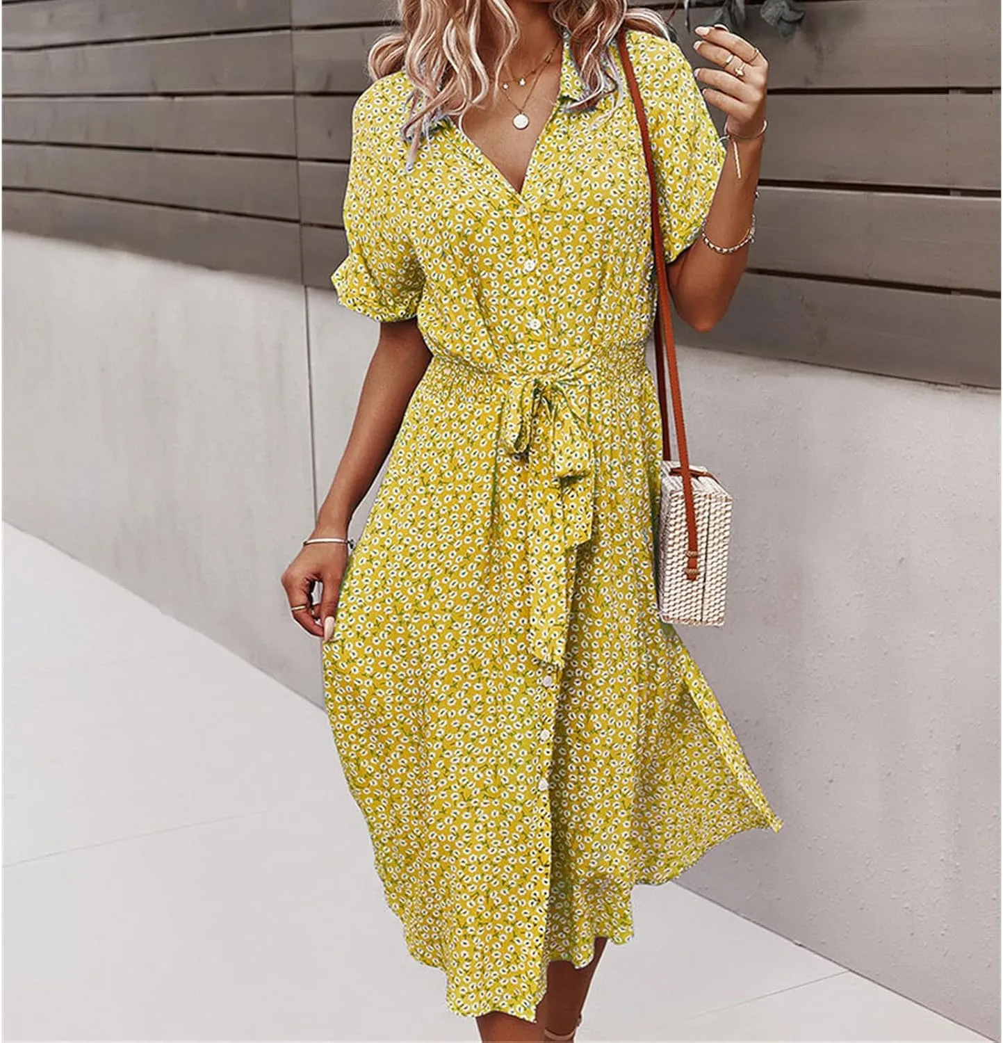 Womens Boho Floral V Neck A Line Dresses Belted Tie Waist Midi Dress Flowy Beach Summer Dress