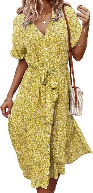 Womens Boho Floral V Neck A Line Dresses Belted Tie Waist Midi Dress Flowy Beach Summer Dress