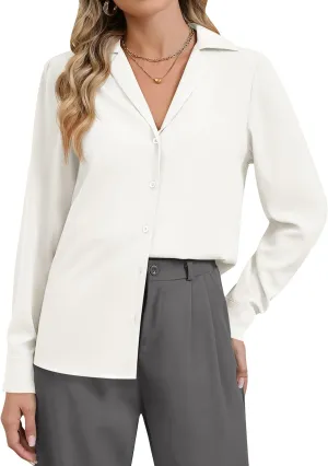 Women's Business Casual Tops Elegant Satin Silk Long Sleeve Button Down Shirts Lapel Collar V Neck Chiffon Work Blouses