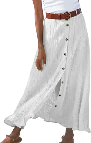 Womens Button Front Flowy Maxi Skirt Cotton Linen A Line Casual Skirts Pleated Solid Split Vacation Beach Long Skirt