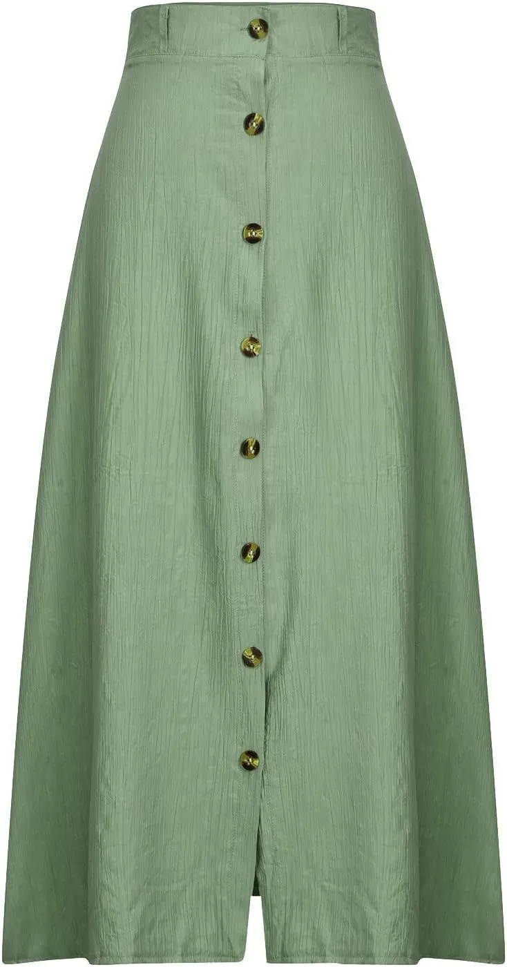 Womens Button Front Flowy Maxi Skirt Cotton Linen A Line Casual Skirts Pleated Solid Split Vacation Beach Long Skirt