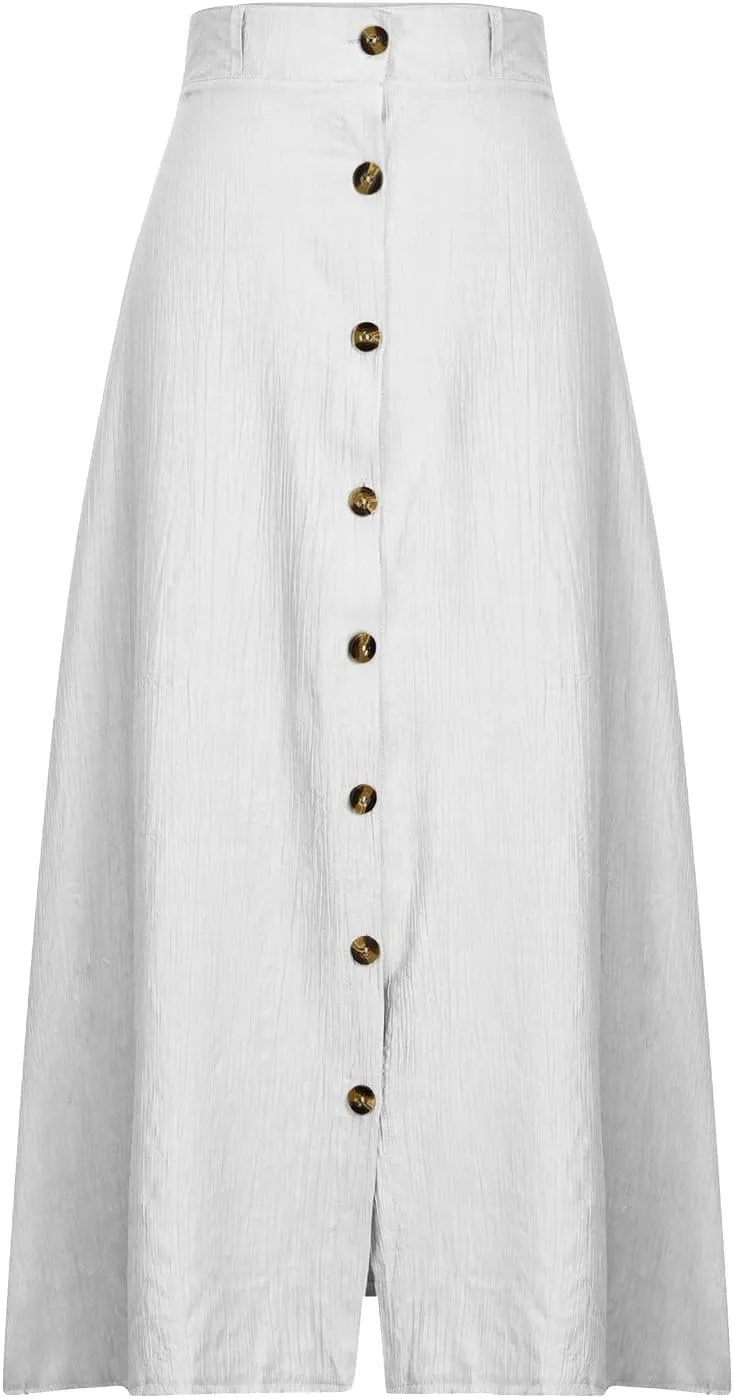 Womens Button Front Flowy Maxi Skirt Cotton Linen A Line Casual Skirts Pleated Solid Split Vacation Beach Long Skirt