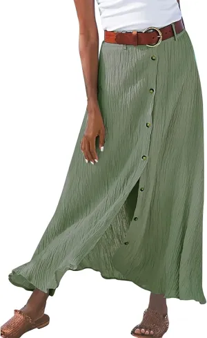 Womens Button Front Flowy Maxi Skirt Cotton Linen A Line Casual Skirts Pleated Solid Split Vacation Beach Long Skirt