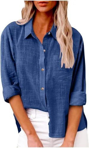 Womens Cotton Linen Button Down Shirts Long Sleeve Collared Gauze Tops Business Casual Blouses Loose Summer Tshirts