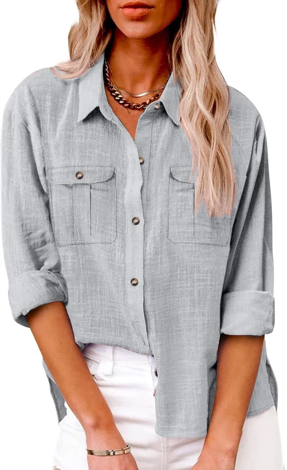 Womens Cotton Linen Button Down Tops 2025 Summer Casual Loose Long Sleeve Lightweight Solid Color Work T Shirts with Pockets