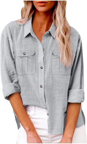 Womens Cotton Linen Button Down Tops 2025 Summer Casual Loose Long Sleeve Lightweight Solid Color Work T Shirts with Pockets
