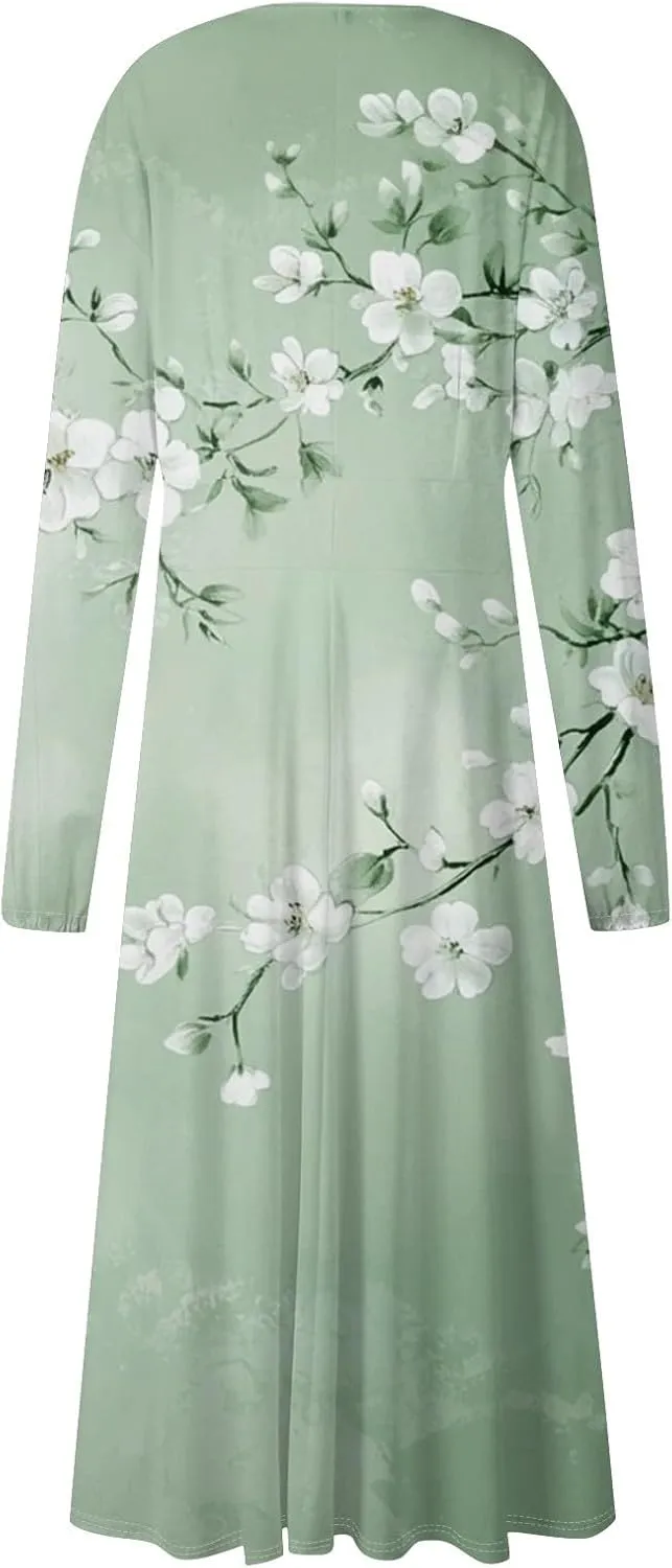 Womens Dresses Spring 2025 Long Sleeve V Neck A-Line Dress Trendy Cruise Wear Classy Outfits Casual Boho Clothes