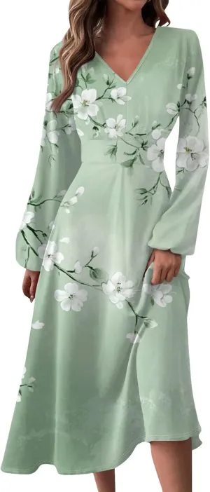 Womens Dresses Spring 2025 Long Sleeve V Neck A-Line Dress Trendy Cruise Wear Classy Outfits Casual Boho Clothes