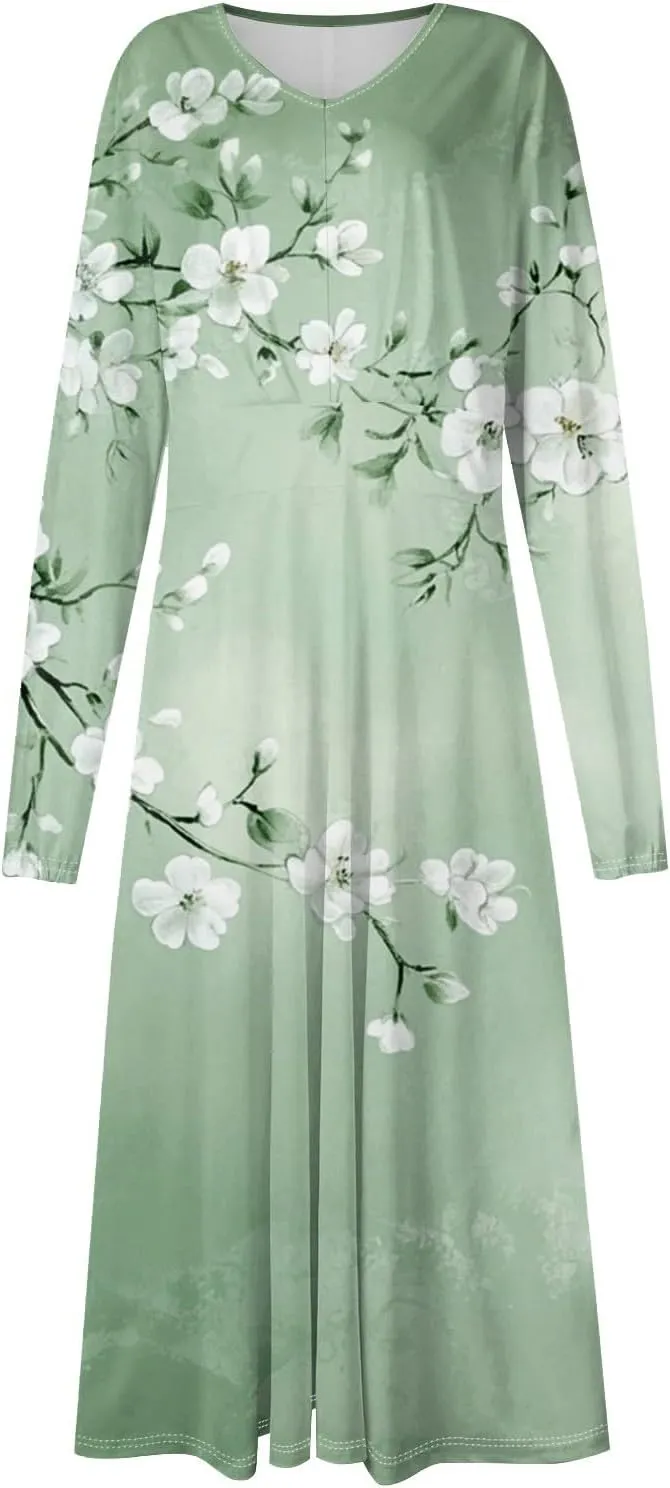 Womens Dresses Spring 2025 Long Sleeve V Neck A-Line Dress Trendy Cruise Wear Classy Outfits Casual Boho Clothes