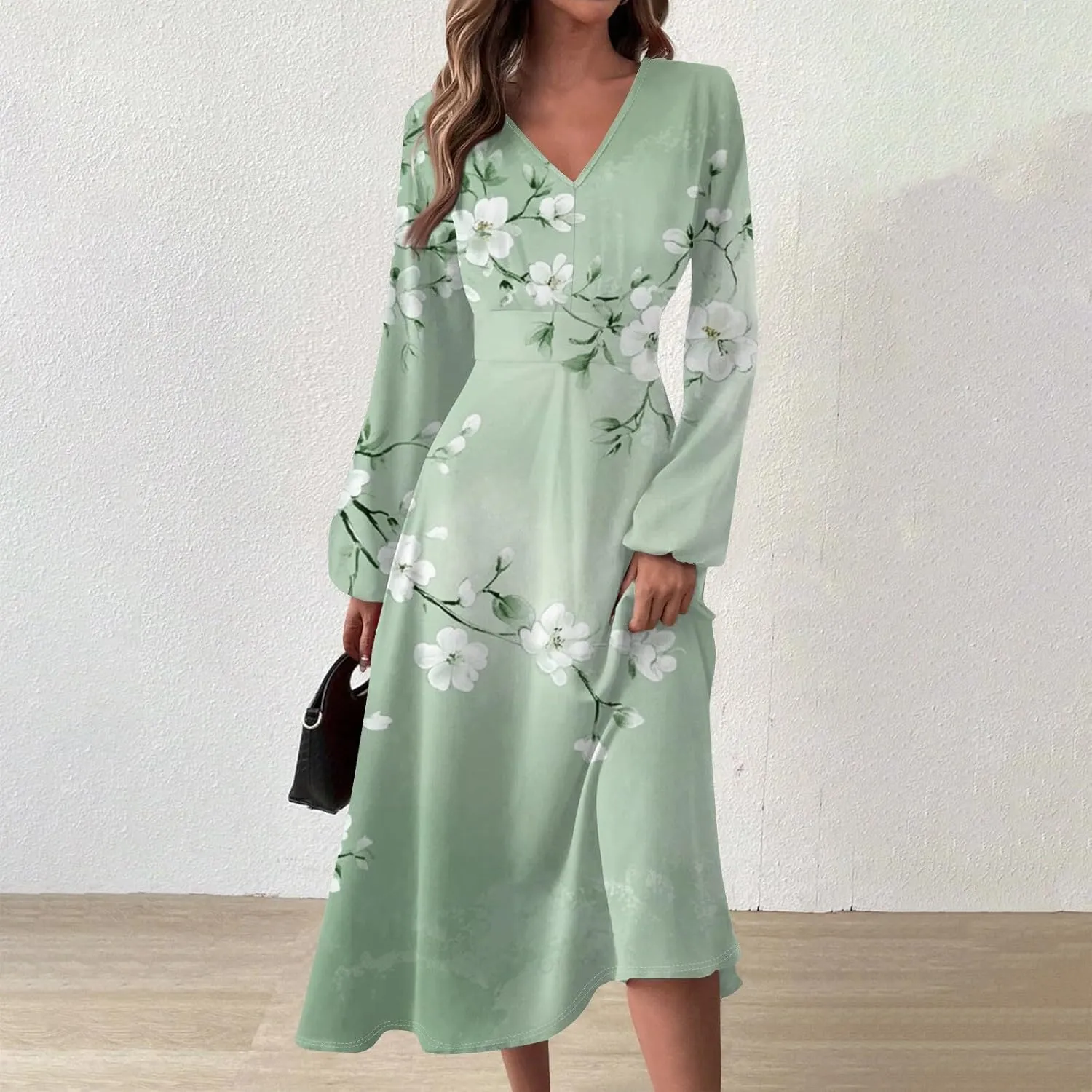 Womens Dresses Spring 2025 Long Sleeve V Neck A-Line Dress Trendy Cruise Wear Classy Outfits Casual Boho Clothes