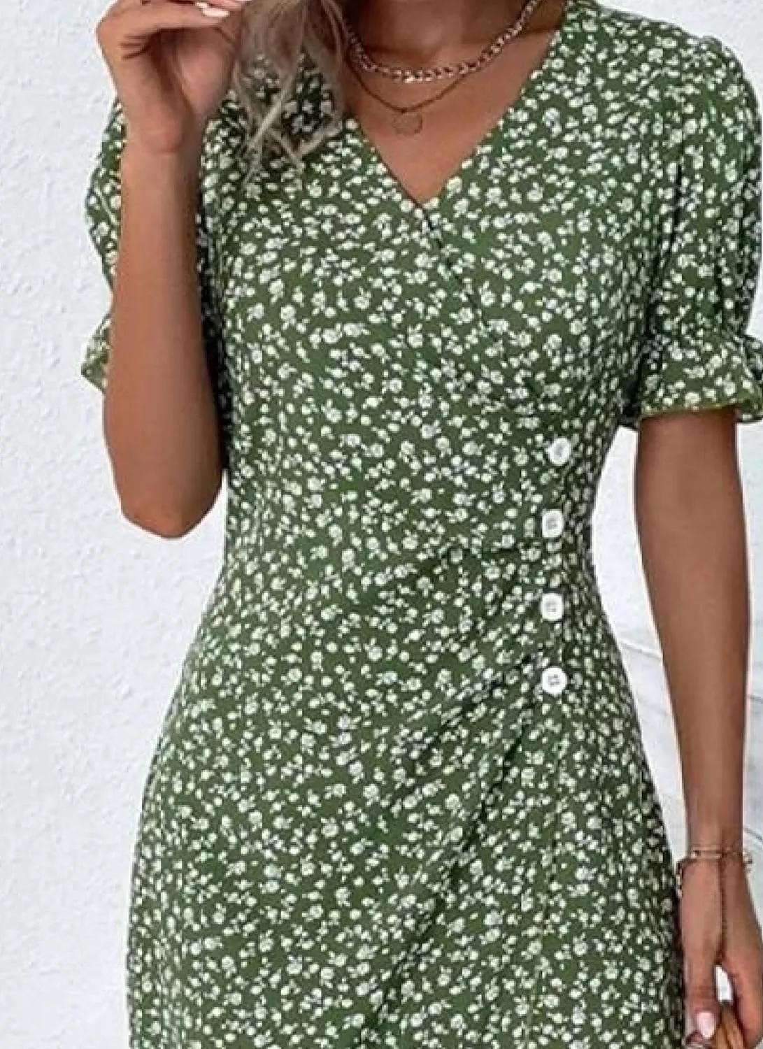 Women's Elegant Floral Print Button Front V-Neck Midi Dress Comfy Short Sleeve Outfits Casual Summer A-Line Dresses