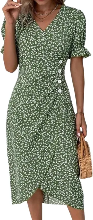 Women's Elegant Floral Print Button Front V-Neck Midi Dress Comfy Short Sleeve Outfits Casual Summer A-Line Dresses