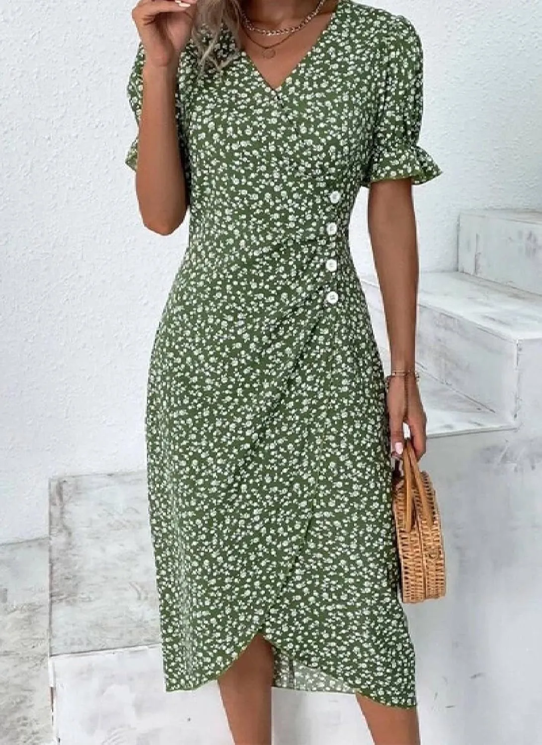 Women's Elegant Floral Print Button Front V-Neck Midi Dress Comfy Short Sleeve Outfits Casual Summer A-Line Dresses