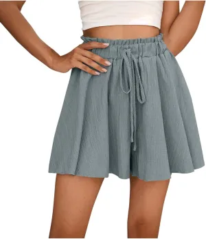 Womens Flowy Linen Shorts High Waist Wide Leg Beach Vacation Pants Cute Drawstring Boho Simple Palazzo Paperbag Shorts