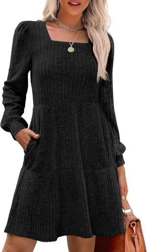 Womens Knit Sweater Dress with Pockets Square Neck Long Sleeve Dresses
