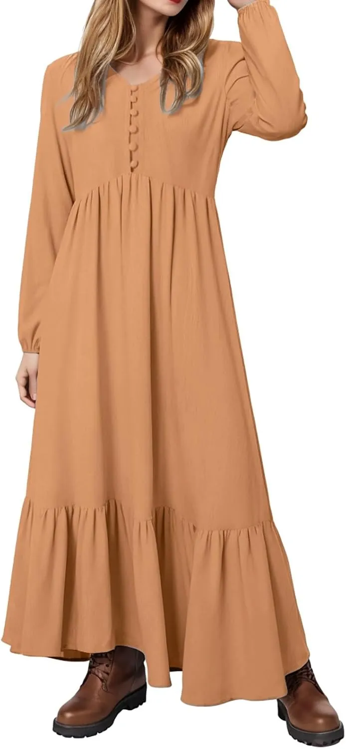 Women's Linen Maxi Dress 2025 Summer Casual Long Sleeve V-Neck Tiered Ruffle Sundress Boho Beach Pleated Long Dresses