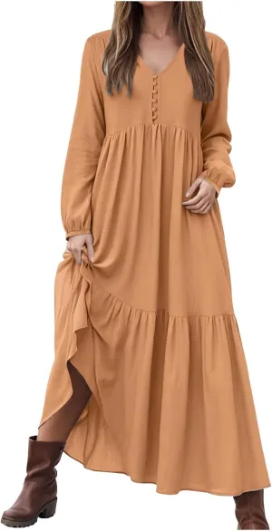 Women's Linen Maxi Dress 2025 Summer Casual Long Sleeve V-Neck Tiered Ruffle Sundress Boho Beach Pleated Long Dresses
