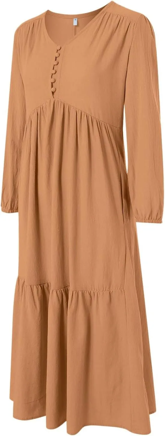 Women's Linen Maxi Dress 2025 Summer Casual Long Sleeve V-Neck Tiered Ruffle Sundress Boho Beach Pleated Long Dresses