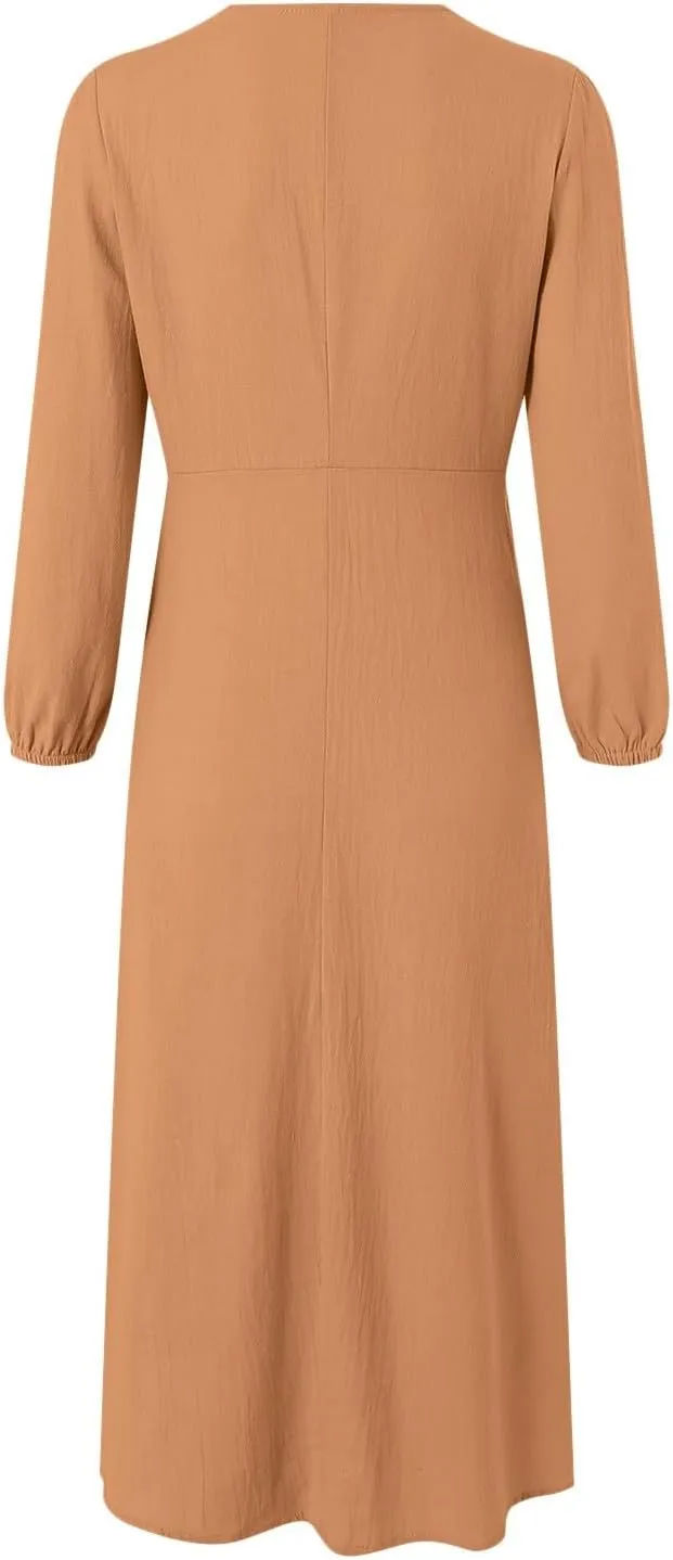 Women's Linen Maxi Dress 2025 Summer Casual Long Sleeve V-Neck Tiered Ruffle Sundress Boho Beach Pleated Long Dresses