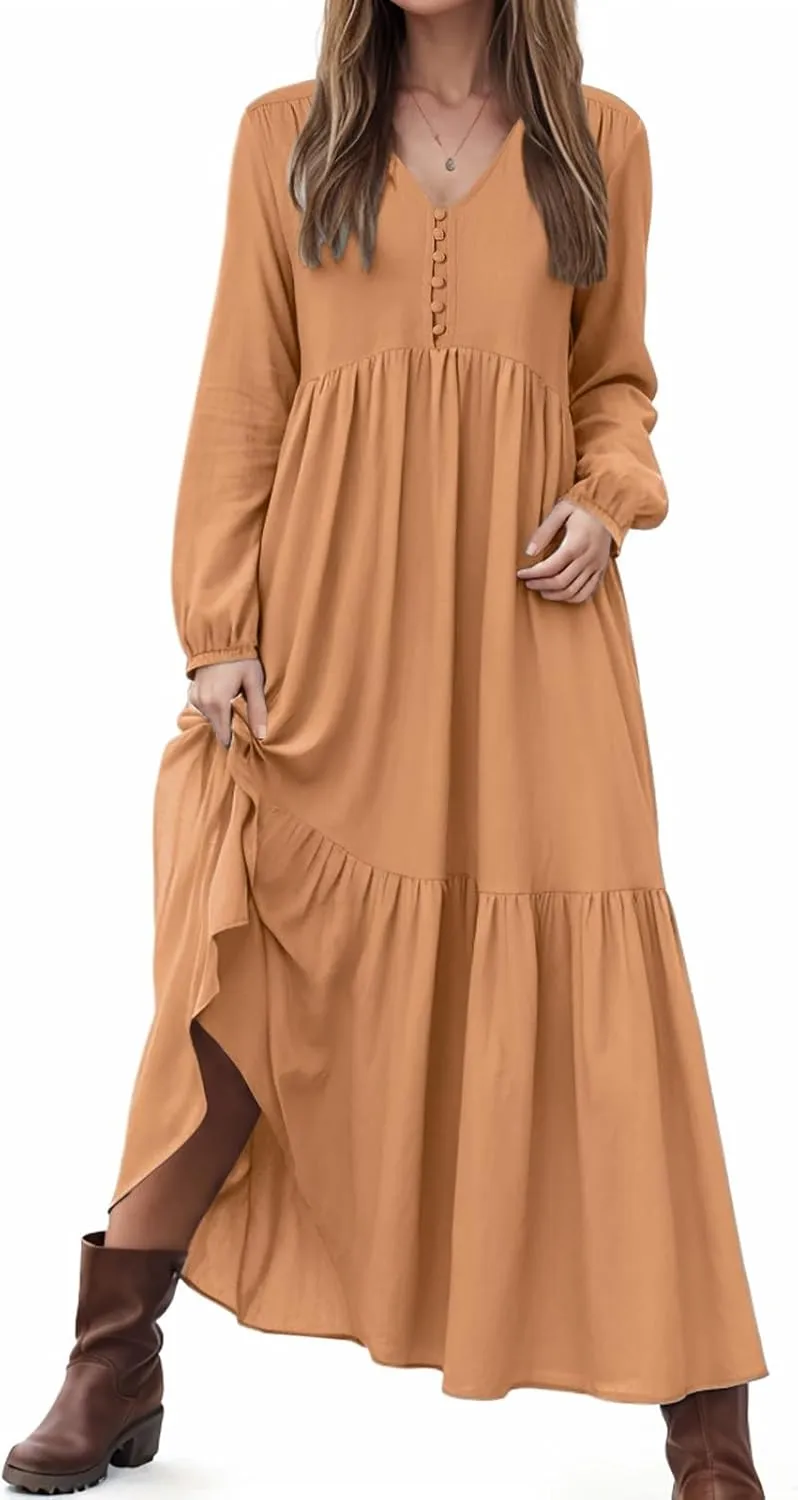 Women's Linen Maxi Dress 2025 Summer Casual Long Sleeve V-Neck Tiered Ruffle Sundress Boho Beach Pleated Long Dresses