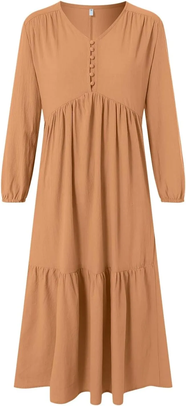 Women's Linen Maxi Dress 2025 Summer Casual Long Sleeve V-Neck Tiered Ruffle Sundress Boho Beach Pleated Long Dresses