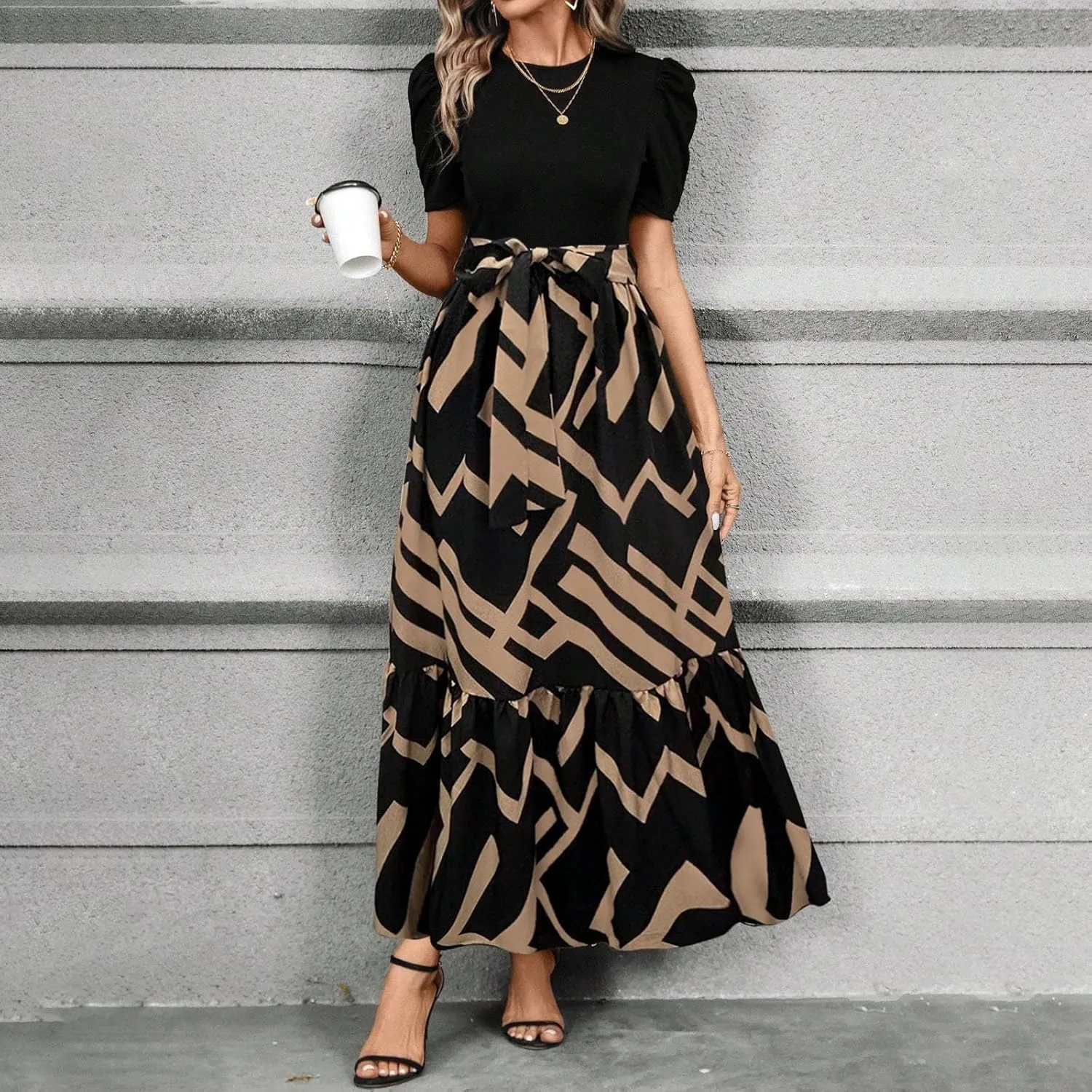 Womens Maxi Floral Dresses 2025 Elegant Boho Patchwork Empire Waist Tie Belted Short Sleeve Wedding Guest Long Dress