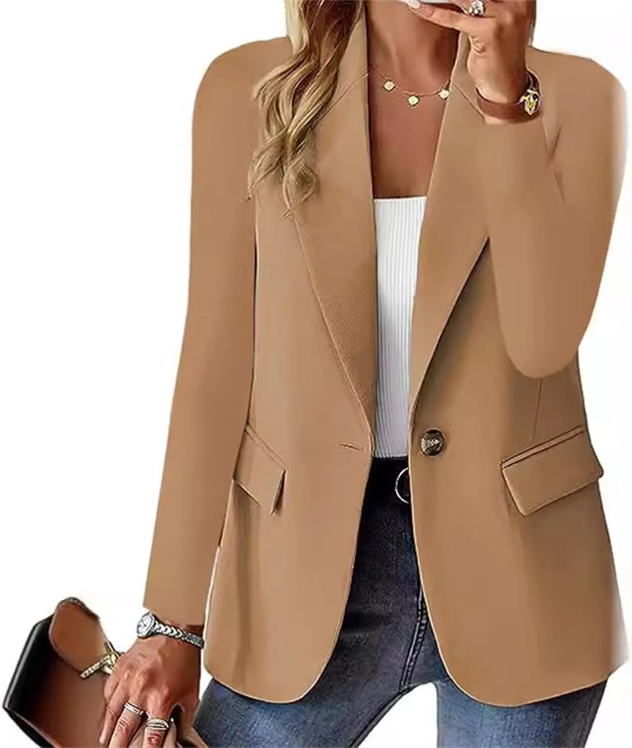 Women's Minimalist Solid Button Lapel Collar Blazer Casual Trendy Blazers with Lined Office Work Clothes