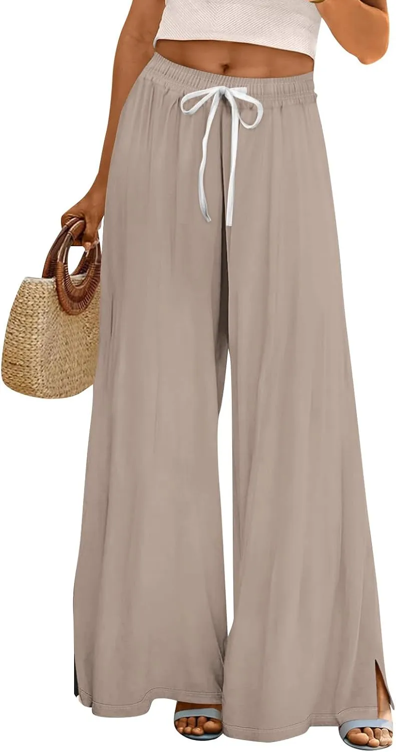 Women's Palazzo Pants Dressy Casual Wide Leg Slacks Elastic Waist with Pockets Lounge Flowy Pants