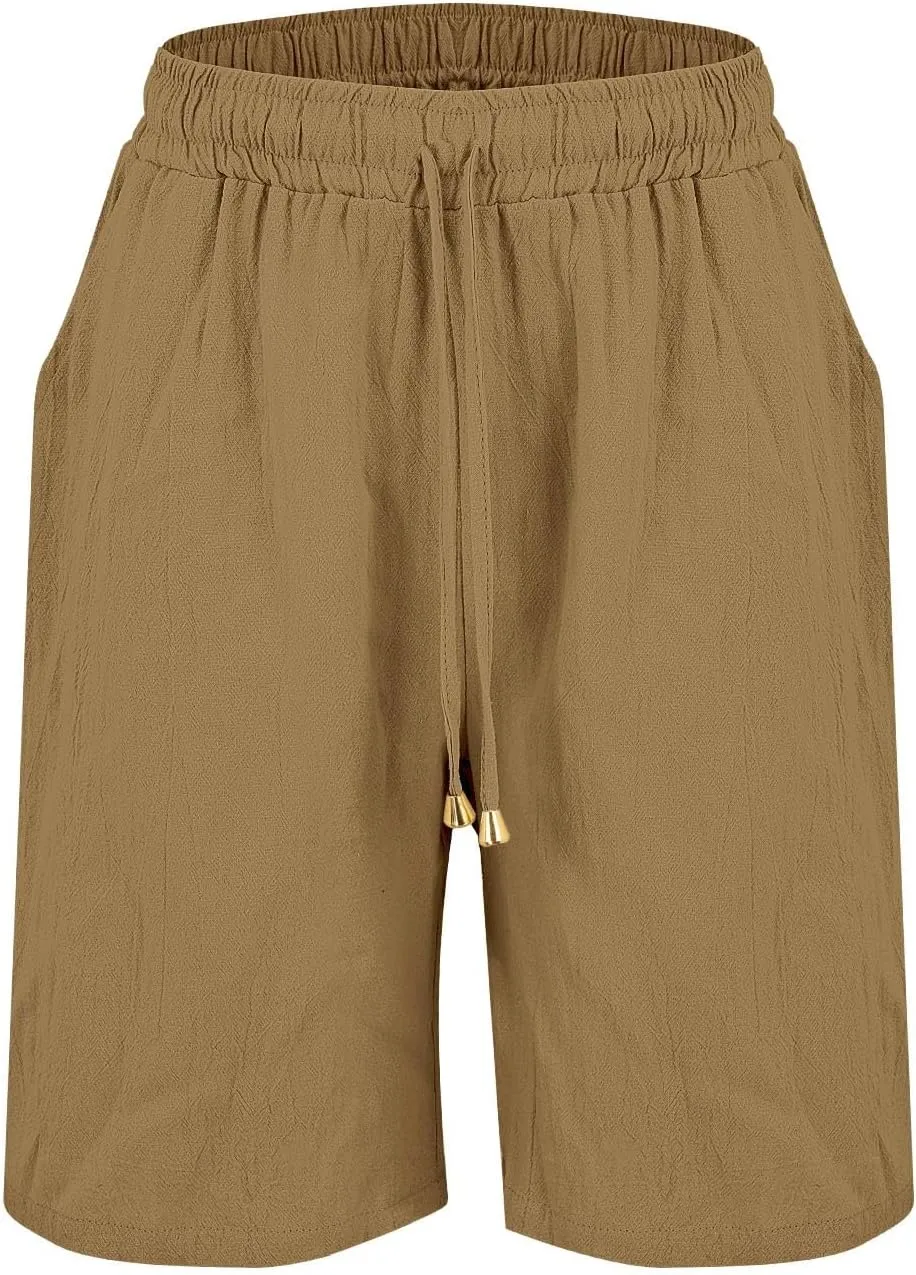 Womens Plus Size Shorts Linen Short Summer Elastic Waist Drawstring Beach Cotton Clothing with Pockets