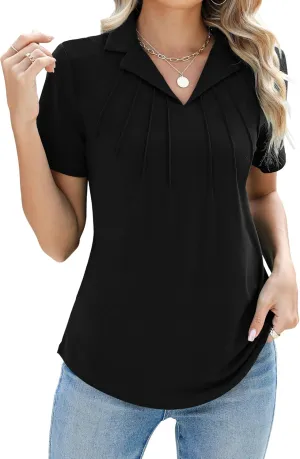 Women's Polo Shirts Short Sleeve V Neck Summer Business Casual Pleated Blouses Collared Tops