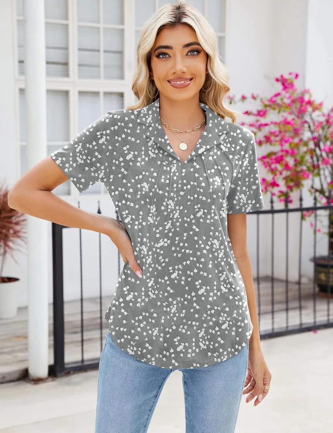 Women's Polo Shirts Short Sleeve V Neck Summer Business Casual Pleated Blouses Collared Tops