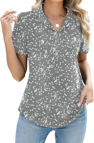 Women's Polo Shirts Short Sleeve V Neck Summer Business Casual Pleated Blouses Collared Tops
