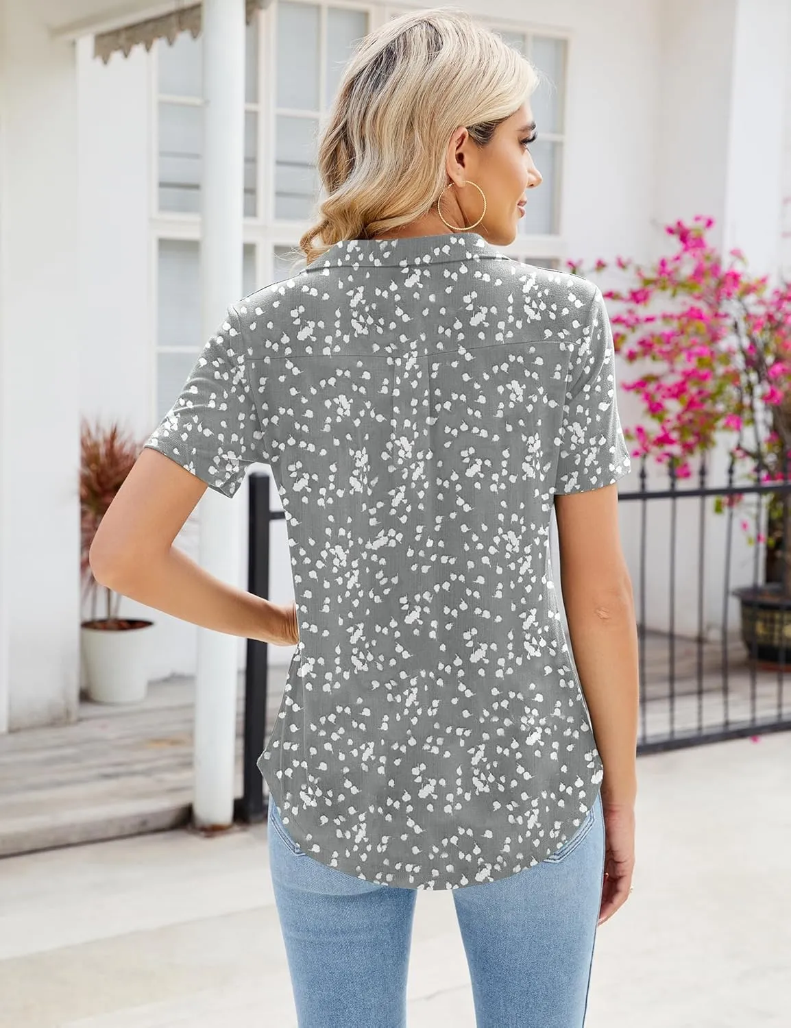 Women's Polo Shirts Short Sleeve V Neck Summer Business Casual Pleated Blouses Collared Tops