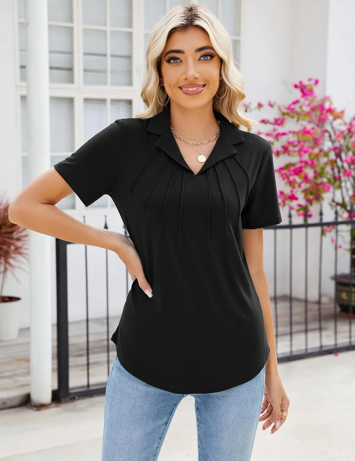 Women's Polo Shirts Short Sleeve V Neck Summer Business Casual Pleated Blouses Collared Tops