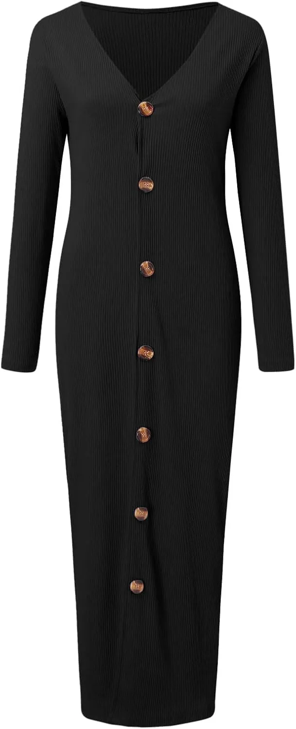 Womens Ribbed Knit Maxi Dresses Long Sleeve V Neck Casual Sweater Dress Button Down Bodycon Midi Dress