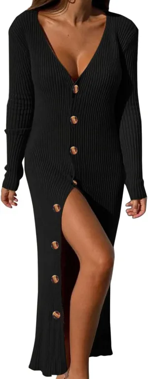 Womens Ribbed Knit Maxi Dresses Long Sleeve V Neck Casual Sweater Dress Button Down Bodycon Midi Dress