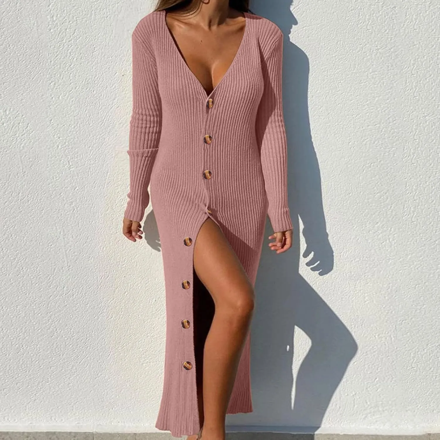 Womens Ribbed Knit Maxi Dresses Long Sleeve V Neck Casual Sweater Dress Button Down Bodycon Midi Dress