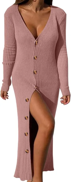 Womens Ribbed Knit Maxi Dresses Long Sleeve V Neck Casual Sweater Dress Button Down Bodycon Midi Dress